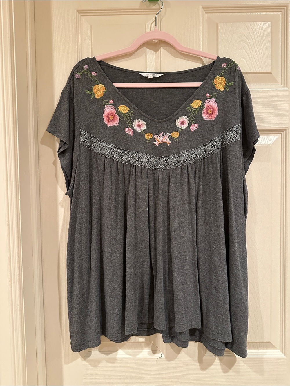 Amaryllis Charcoal Embroidered Floral V-Neck Tunic